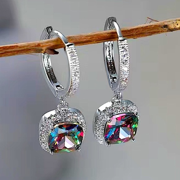 Mystic Topaz White Gold Plated Square Cut Zircon Dangle Earrings - Picture 1 of 7